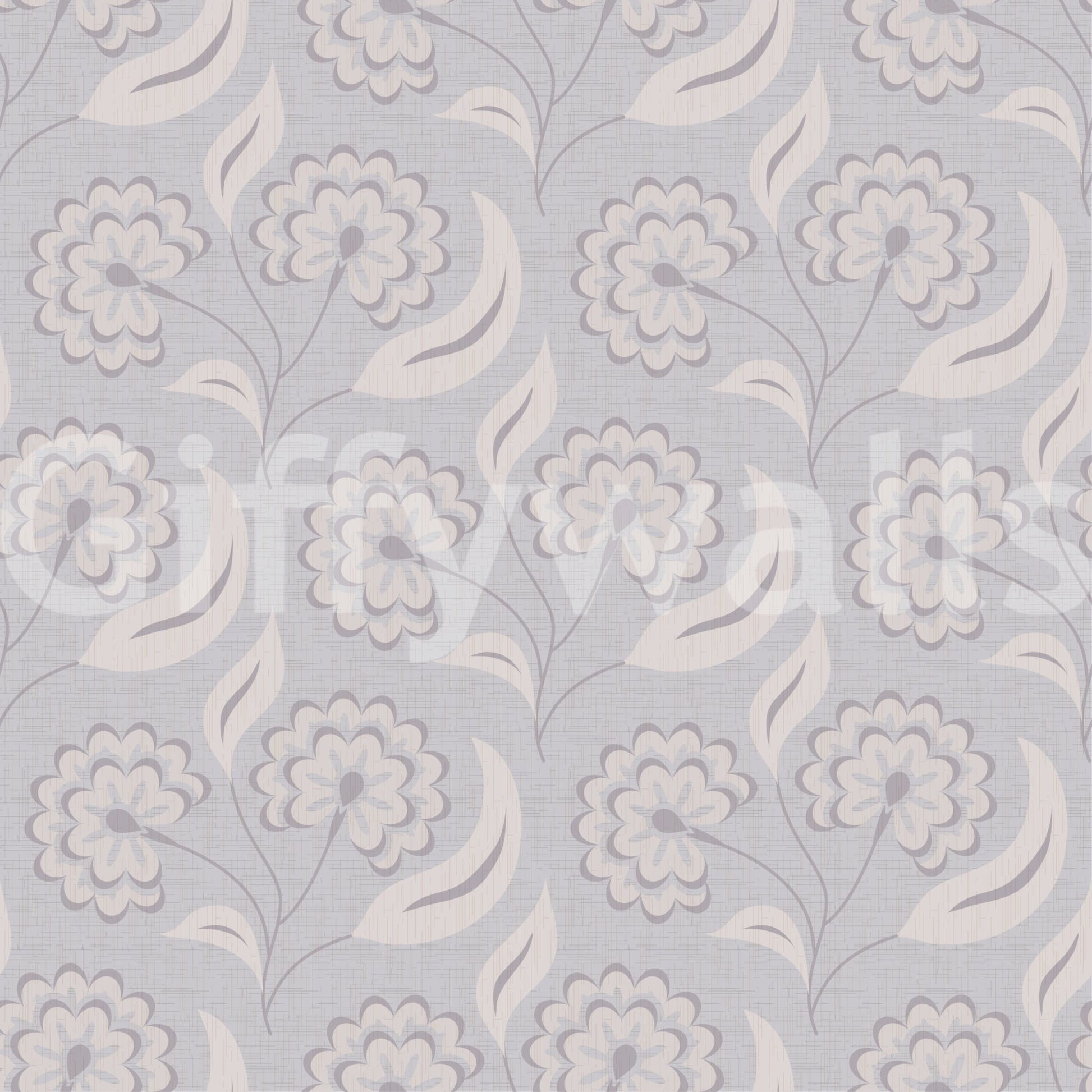 Serene Floral beige wallpaper close-up showing the grey-lilac daisy and cream leaf pattern detail