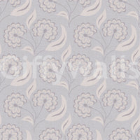 Serene Floral beige wallpaper close-up showing the grey-lilac daisy and cream leaf pattern detail