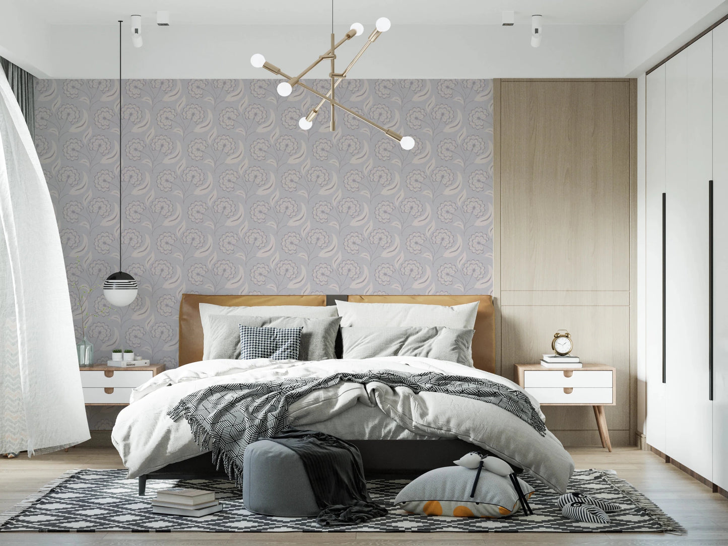 Serene Floral beige wallpaper behind a tan leather headboard with grey bedding and a black globe pendant in a bedroom