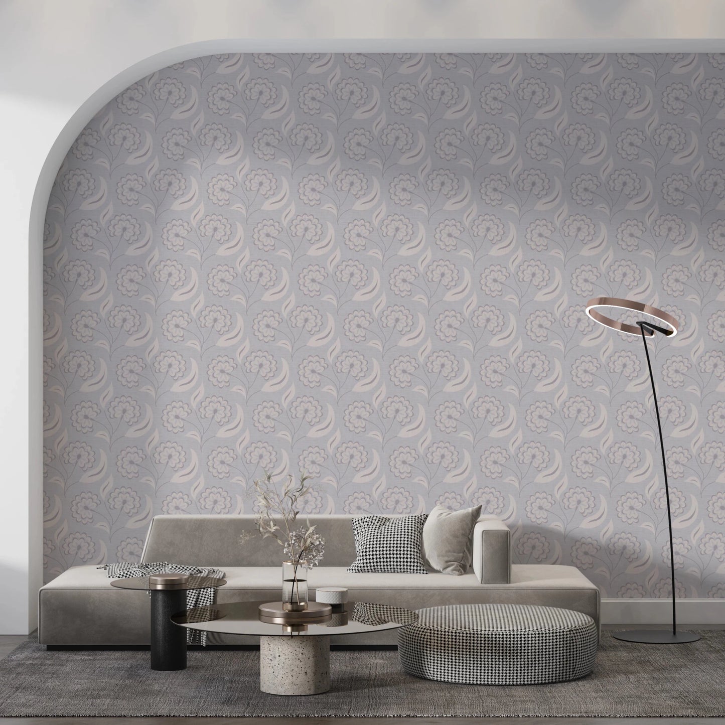 Serene Floral beige wallpaper on an arched wall behind a grey sofa and ring floor lamp in a living room
