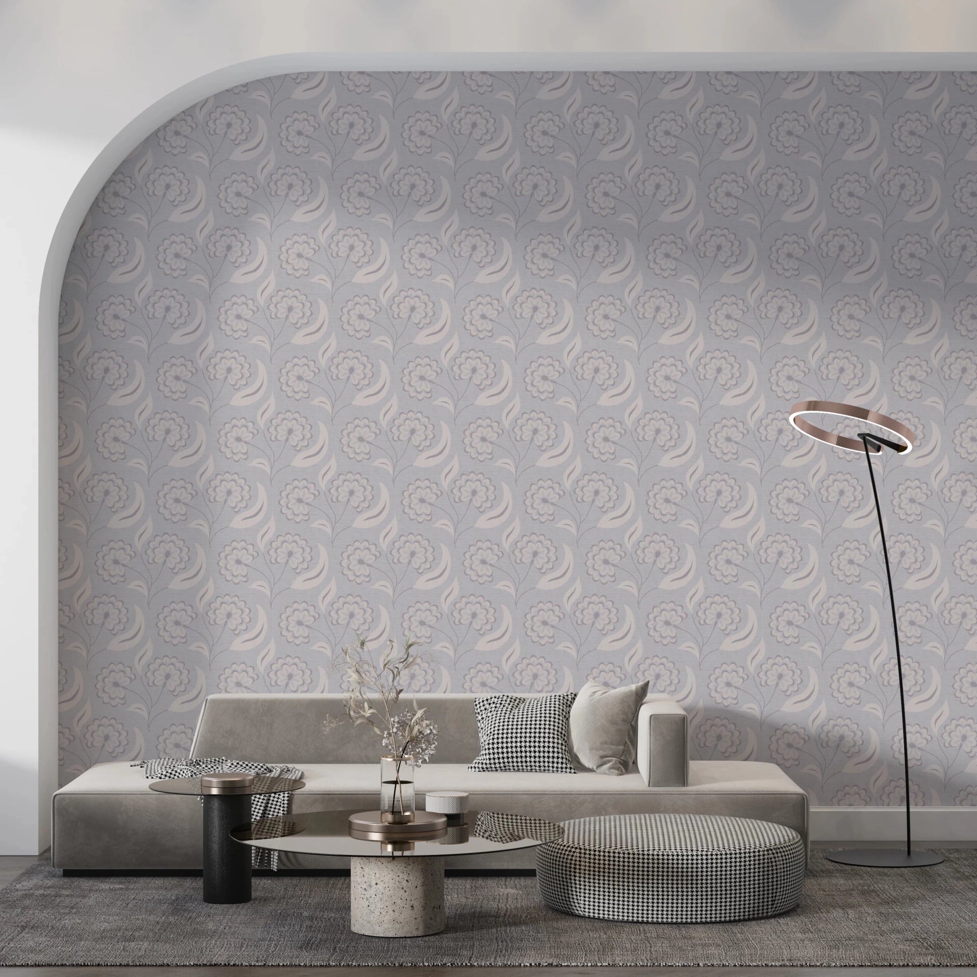 Serene Floral beige wallpaper on an arched wall behind a grey sofa and ring floor lamp in a living room