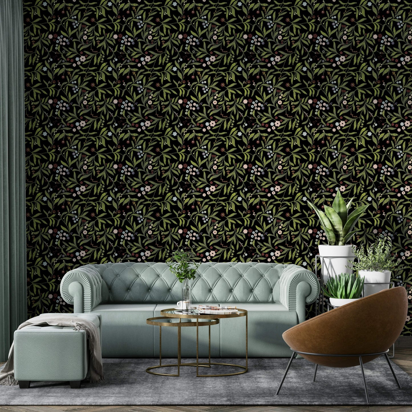 A calming floral abstract wallpaper mural that defines a space.

