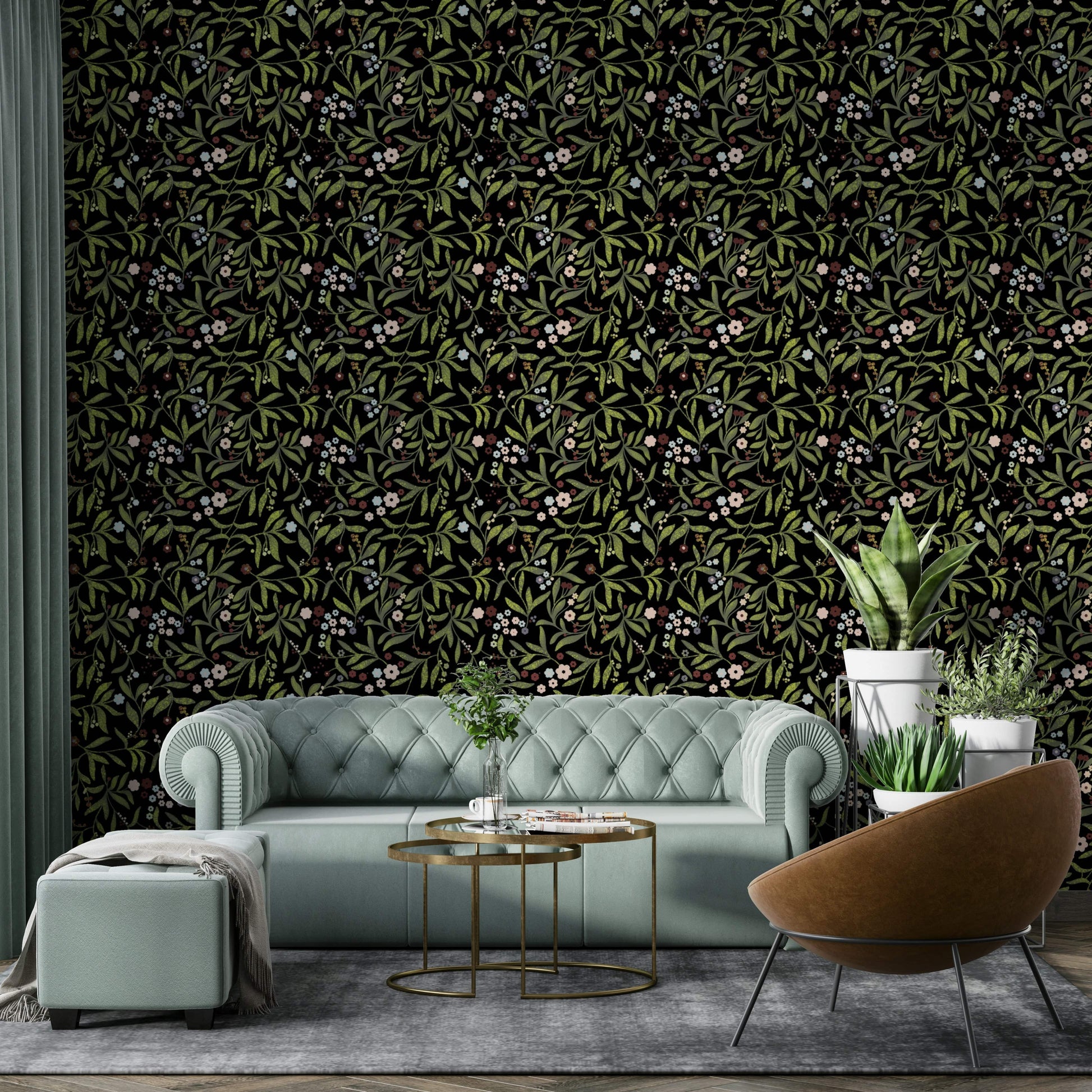 A calming floral abstract wallpaper mural that defines a space.

