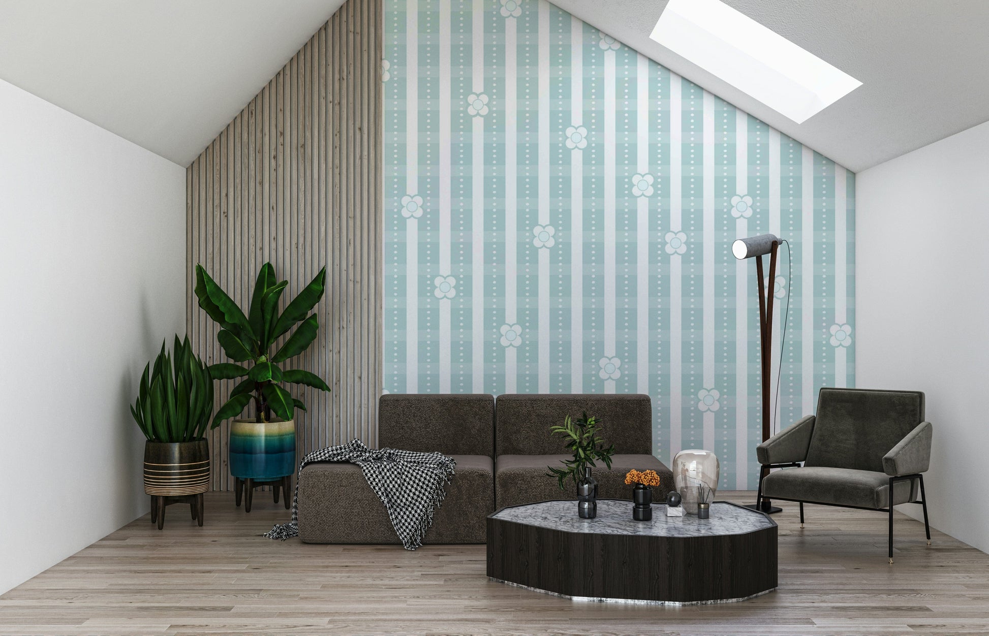 Tranquil Floral Stripe Wallpaper Mural – Elegant wall design with calming floral motifs layered on soft stripes.