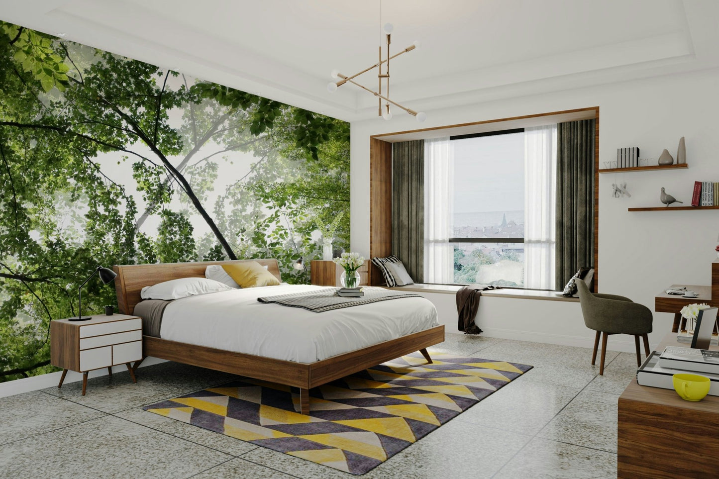 Peaceful view looking up into a green forest canopy on a wall.

