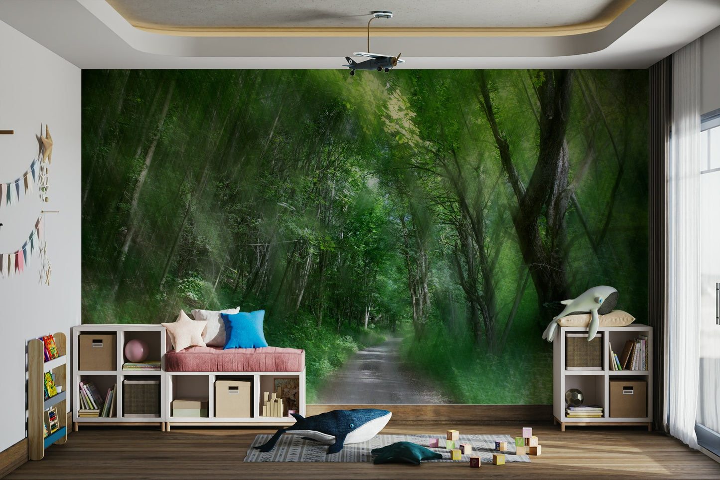 Serene Forest Pathway Art Print | Tranquil Nature Photography | Green Landscape Decor Wall Mural