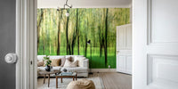 Soft green woodland wallpaper design
