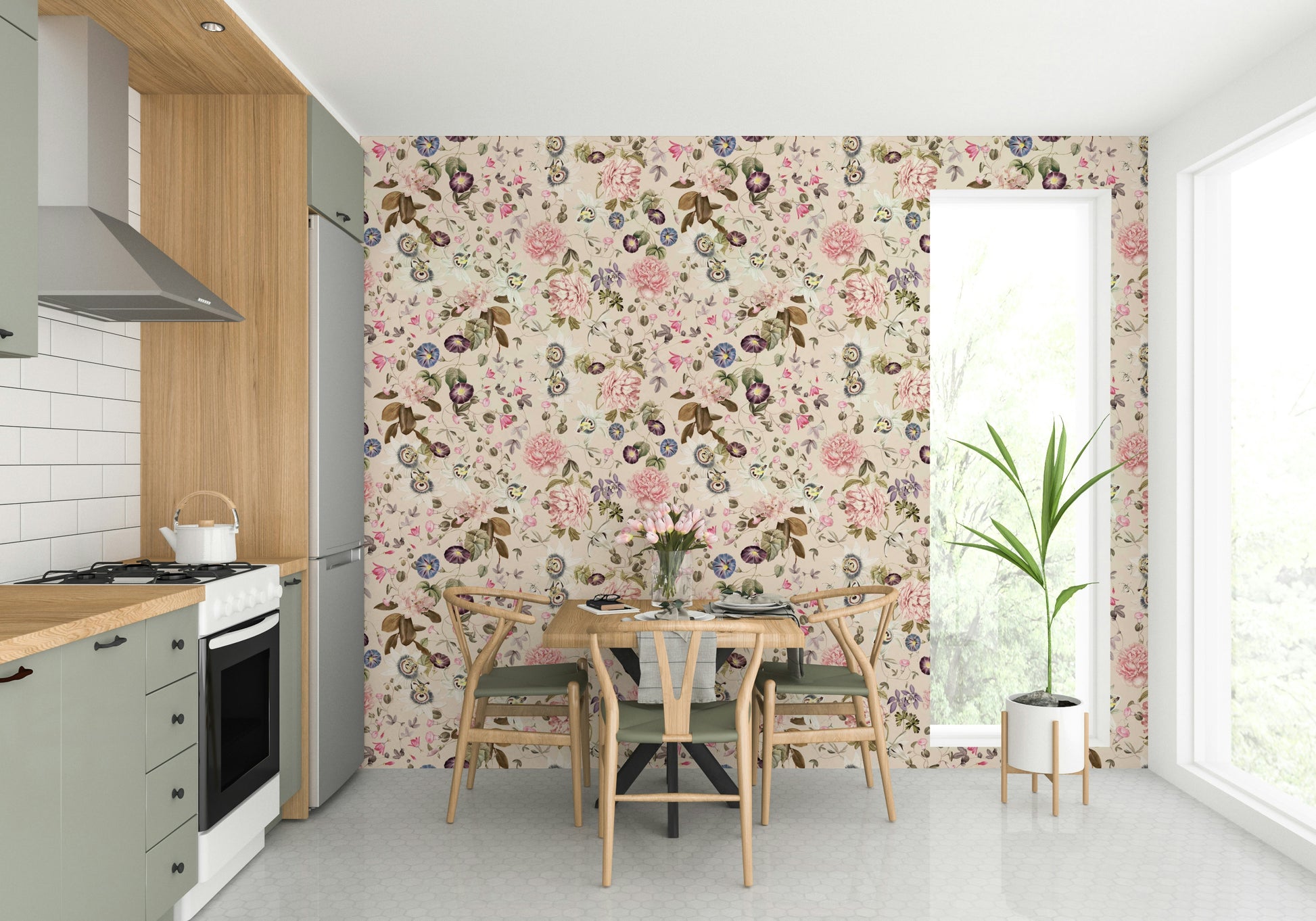 Soft and elegant floral wallpaper with lush garden greenery

