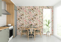 Soft and elegant floral wallpaper with lush garden greenery

