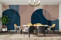 Block-style abstract mural in muted pink and blue

