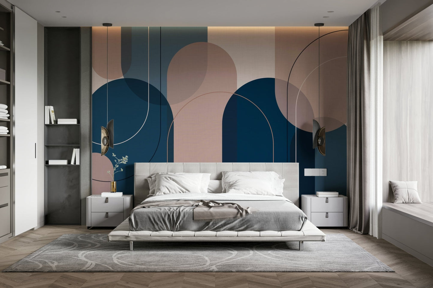Pink and blue color block mural with modern design

