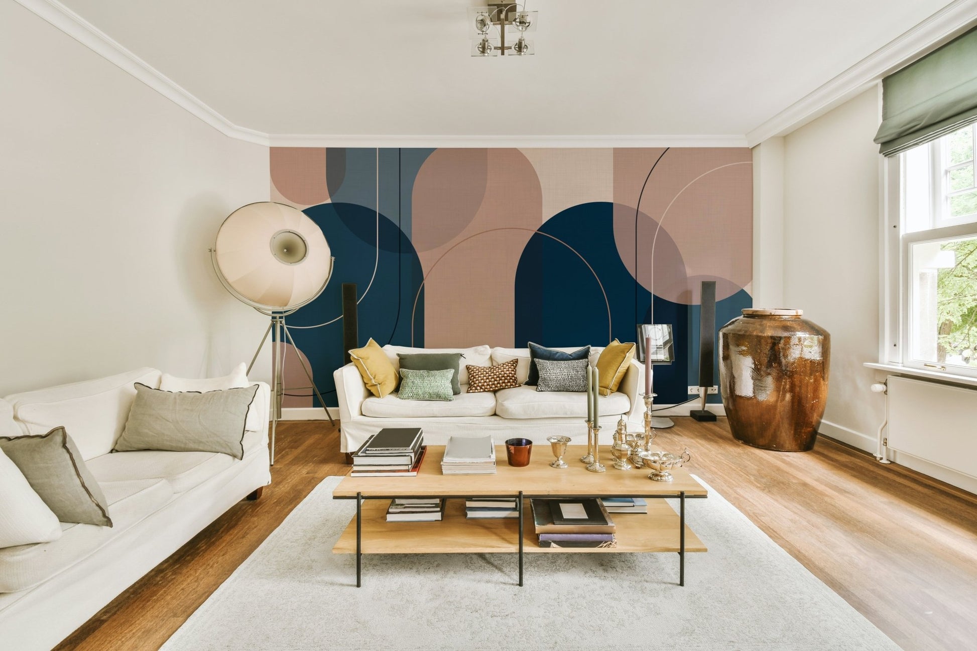 Abstract geometry mural with soft pink and blue shapes

