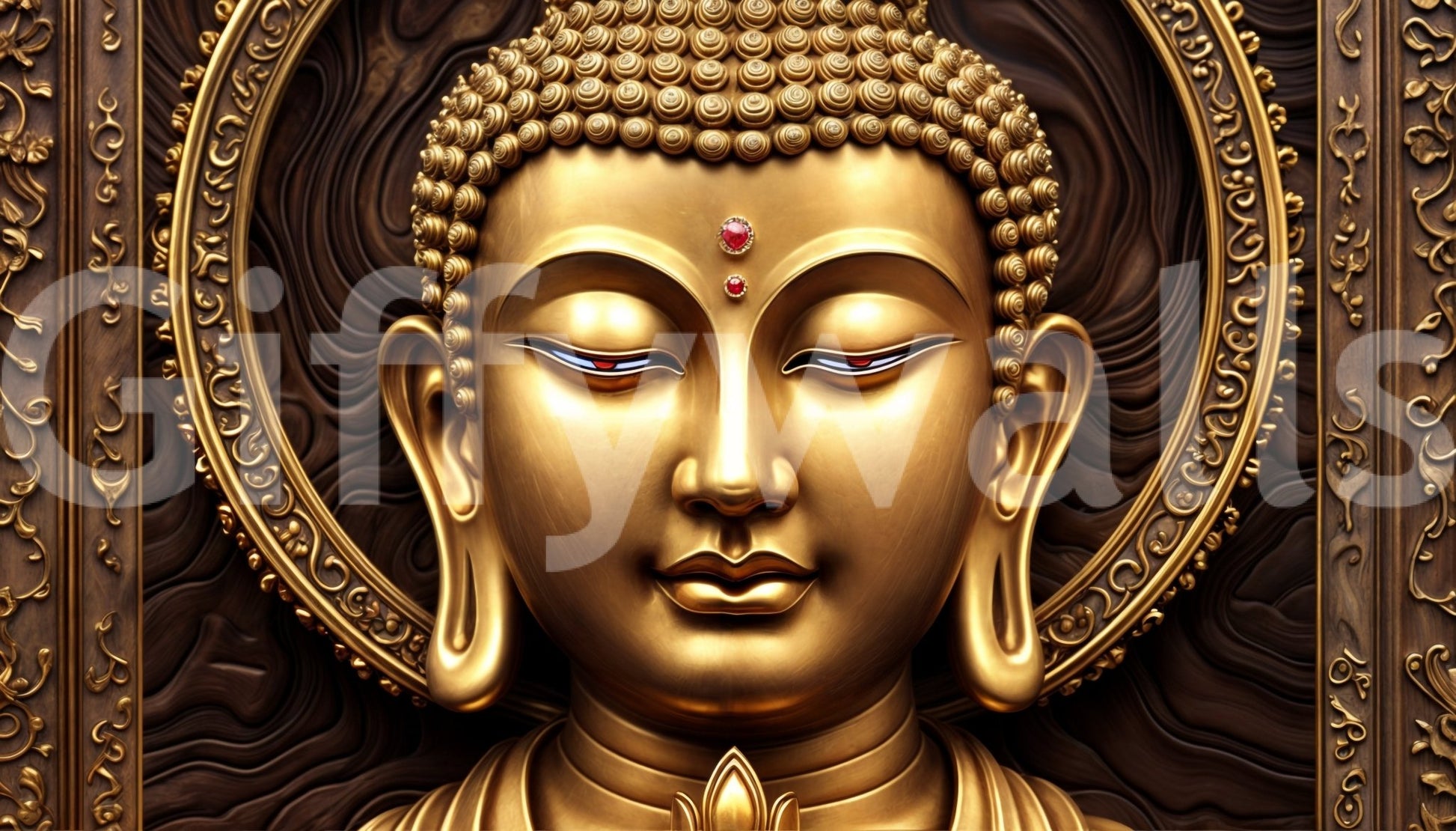 Serene Gold Buddha wallpaper mural shown as a full-wall golden Buddha face with a red gem and ornate gold halo