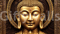 Serene Gold Buddha wallpaper mural shown as a full-wall golden Buddha face with a red gem and ornate gold halo