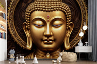 Serene Gold Buddha wallpaper mural in a child's room with a white nightstand and scattered toys
