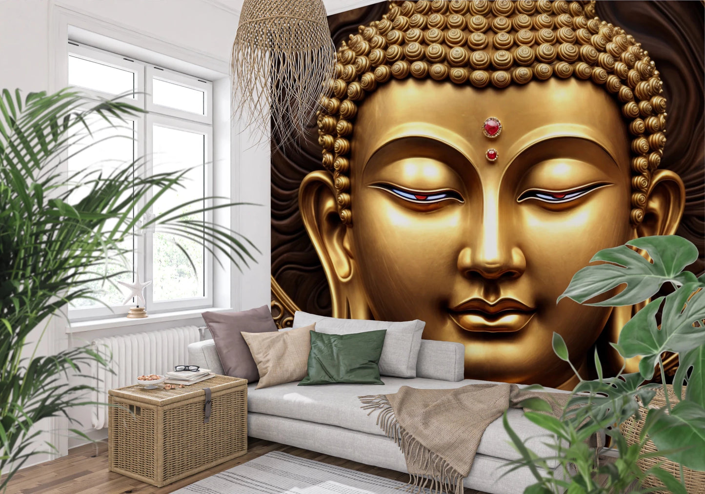 Serene Gold Buddha wallpaper mural behind a white sofa with green pillows among leafy plants by a window