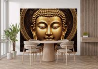 Serene Gold Buddha wallpaper mural behind a round wood dining table with beige chairs and a potted palm