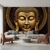 Serene Gold Buddha wallpaper mural behind a white sectional sofa and pink accent chairs in a living room