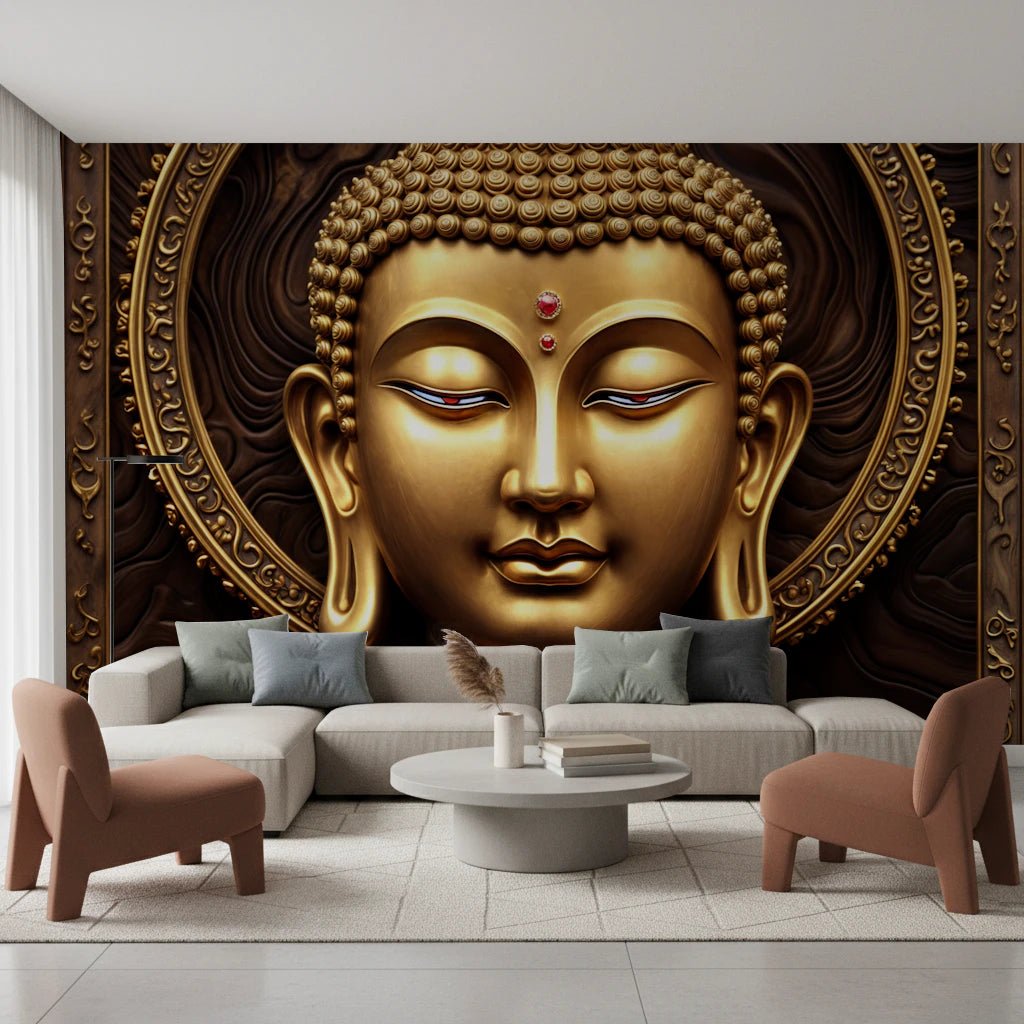 Serene Gold Buddha wallpaper mural behind a white sectional sofa and pink accent chairs in a living room
