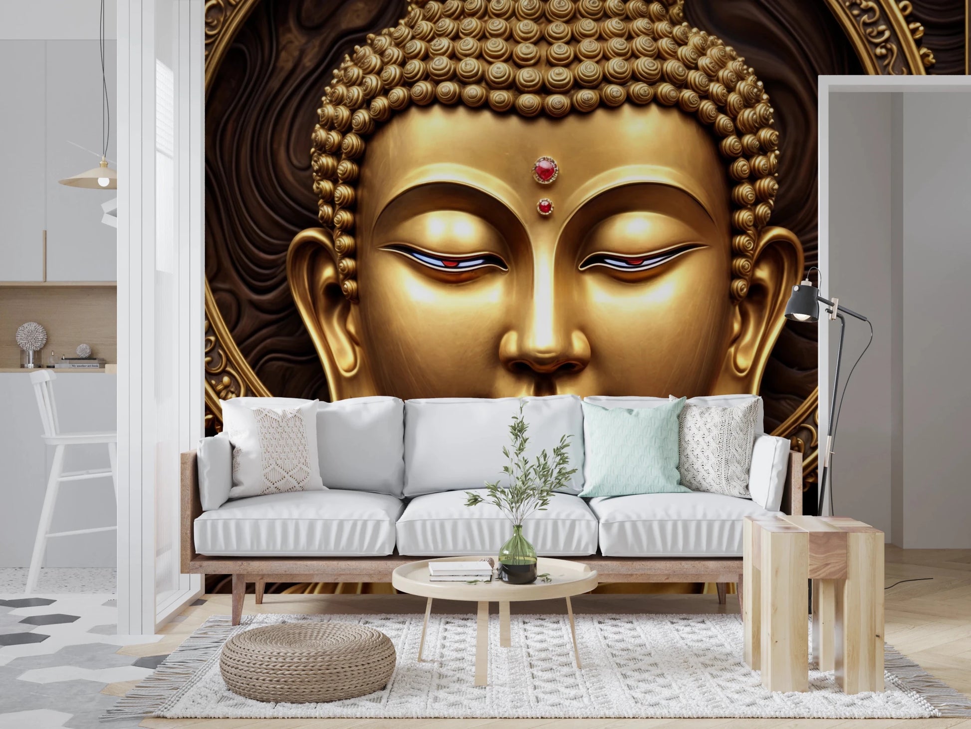 Serene Gold Buddha wallpaper mural behind a white sofa and woven pouf beside an open kitchen