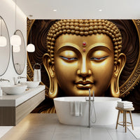 Serene Gold Buddha wallpaper mural behind a freestanding white tub and double vessel sinks in a bathroom