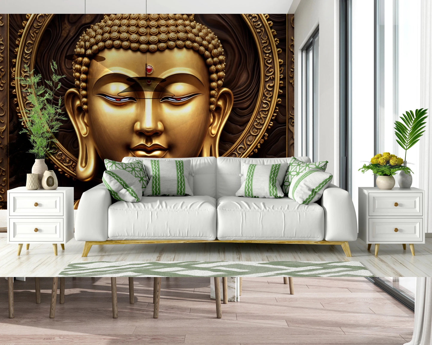 Serene Gold Buddha wallpaper mural behind a white sofa with green pillows flanked by two nightstands