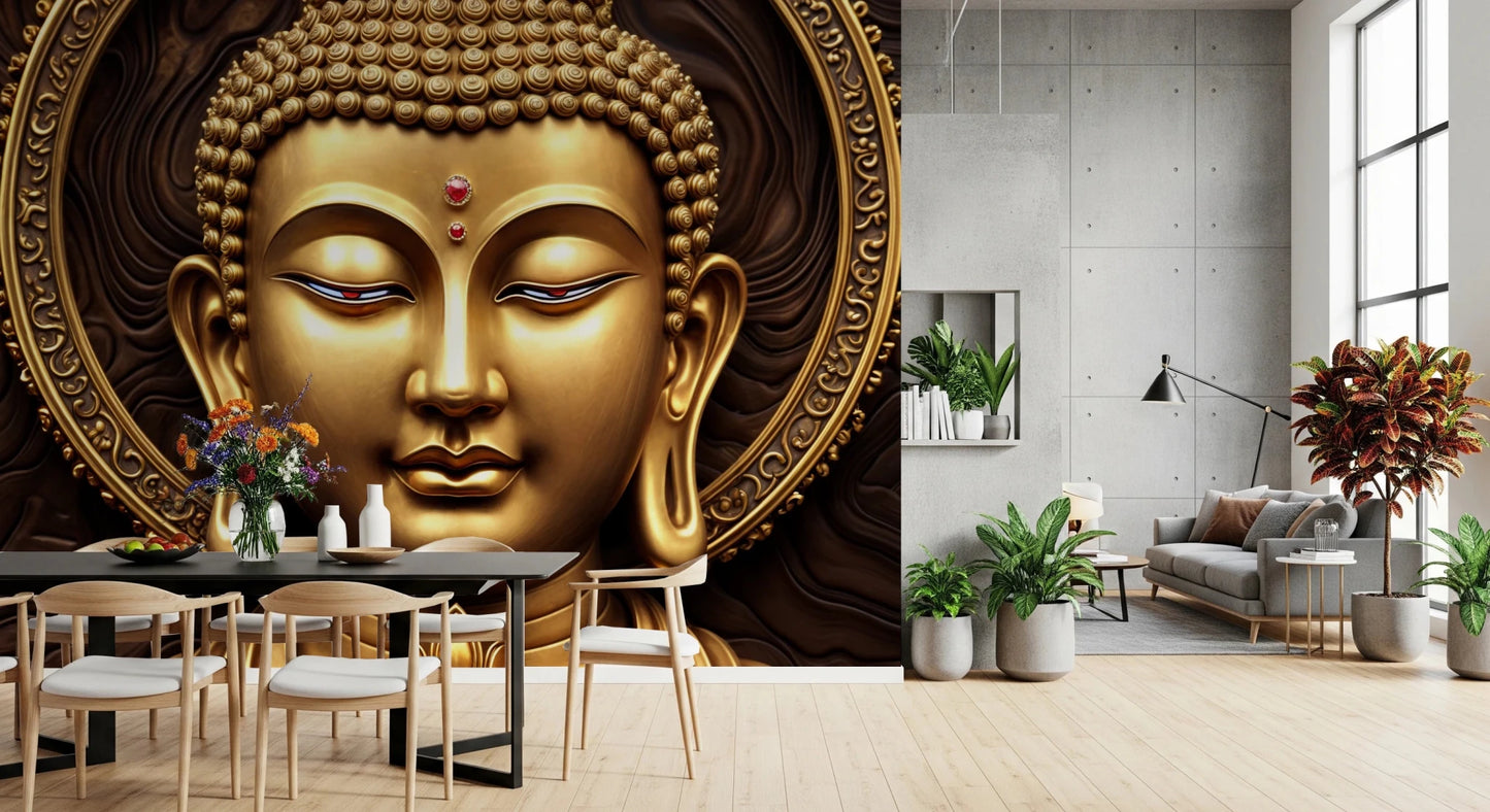 Serene Gold Buddha wallpaper mural spanning a dining area and a grey living room filled with potted plants