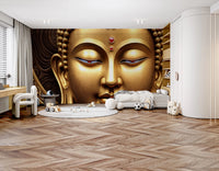 Serene Gold Buddha wallpaper mural in a kids room with a low bed, desk and toys on herringbone flooring