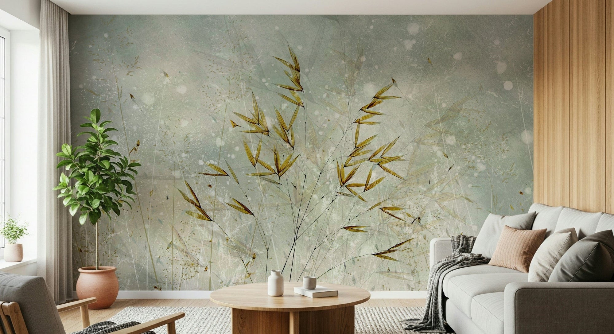 Wisp Whisper wallpaper mural of golden grass wisps on sage green behind a grey sofa with a terracotta planter