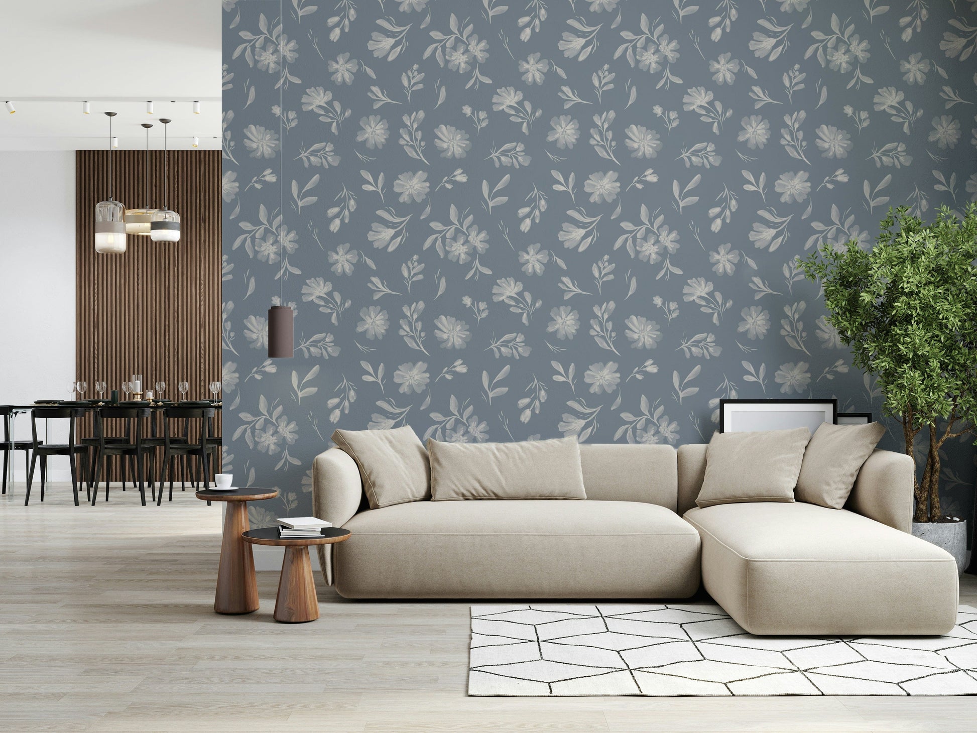 Serene Florals in Muted Grey neutral wildflower wall mural.