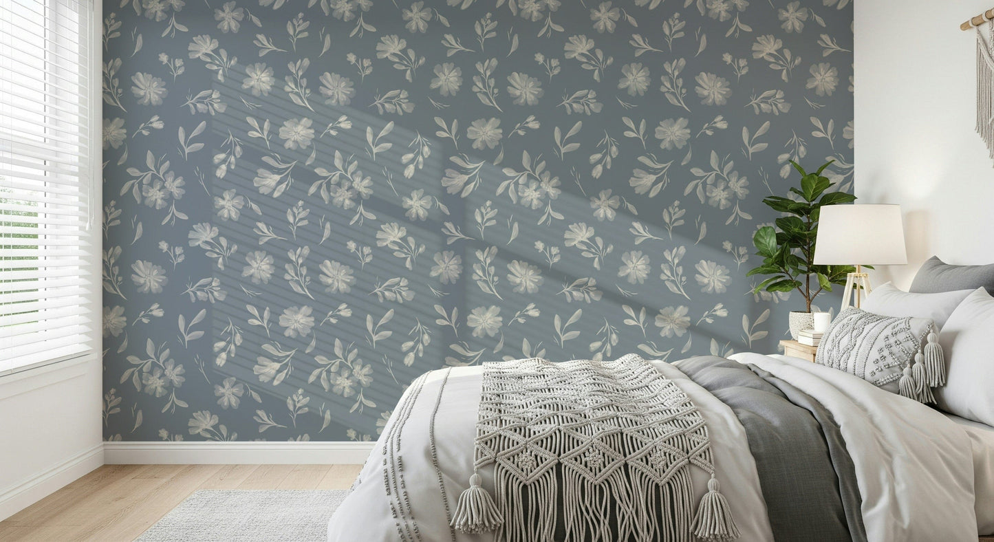 Soothing Serene Florals in Muted Grey garden wallpaper mural.