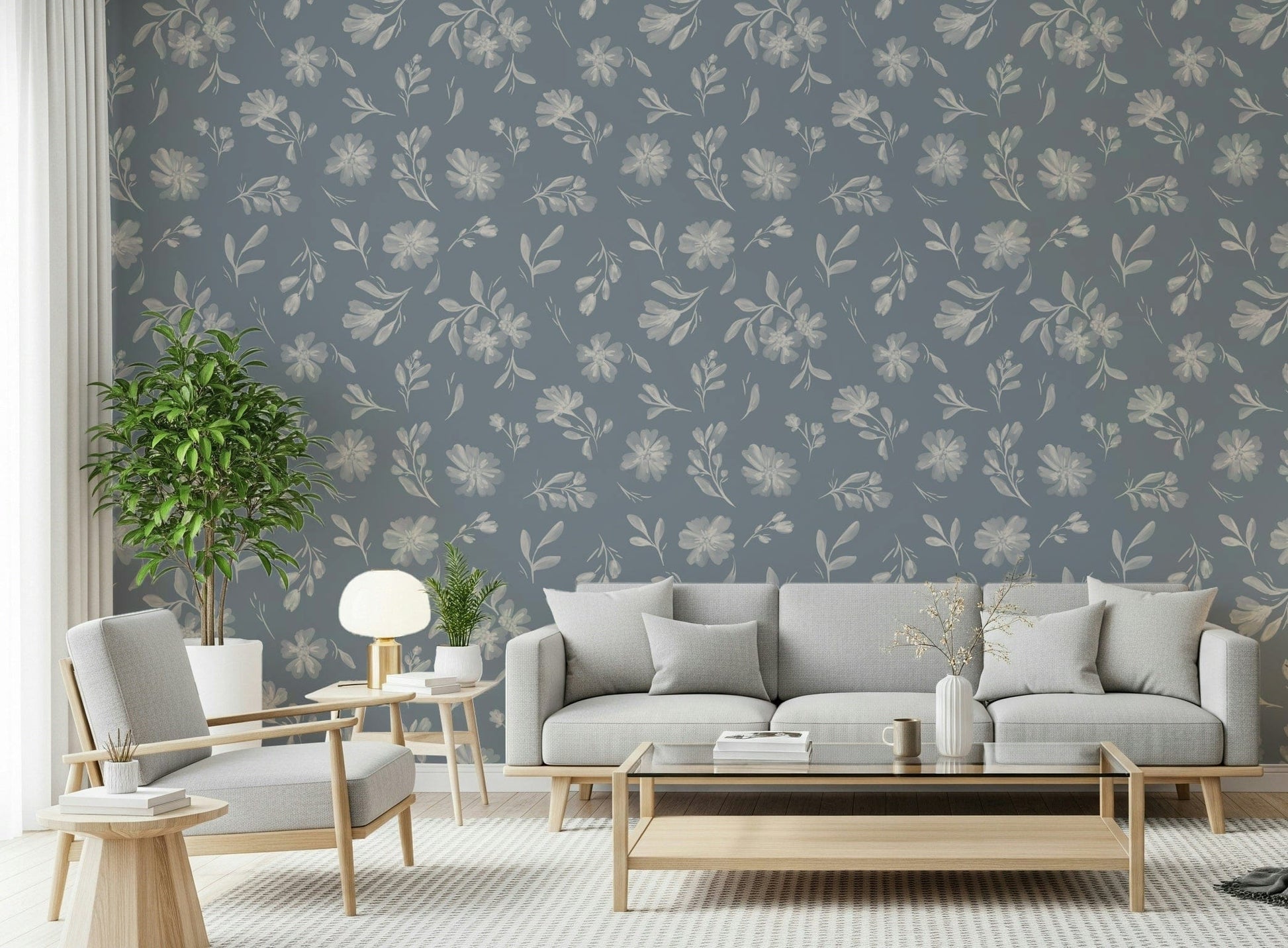 Vintage petal Serene Florals in Muted Grey removable wallpaper.