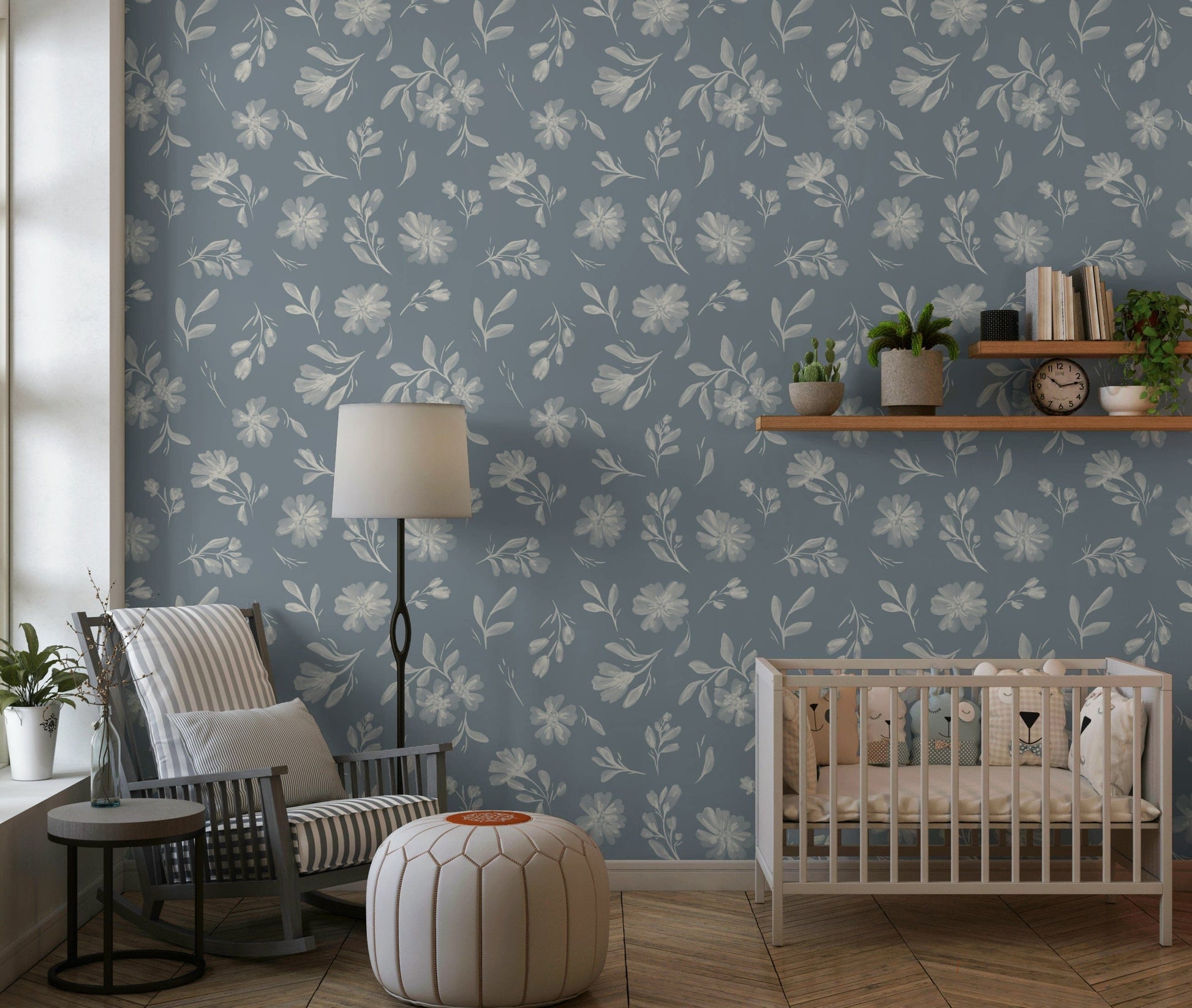 Artistic Serene Florals in Muted Grey watercolor wall mural.