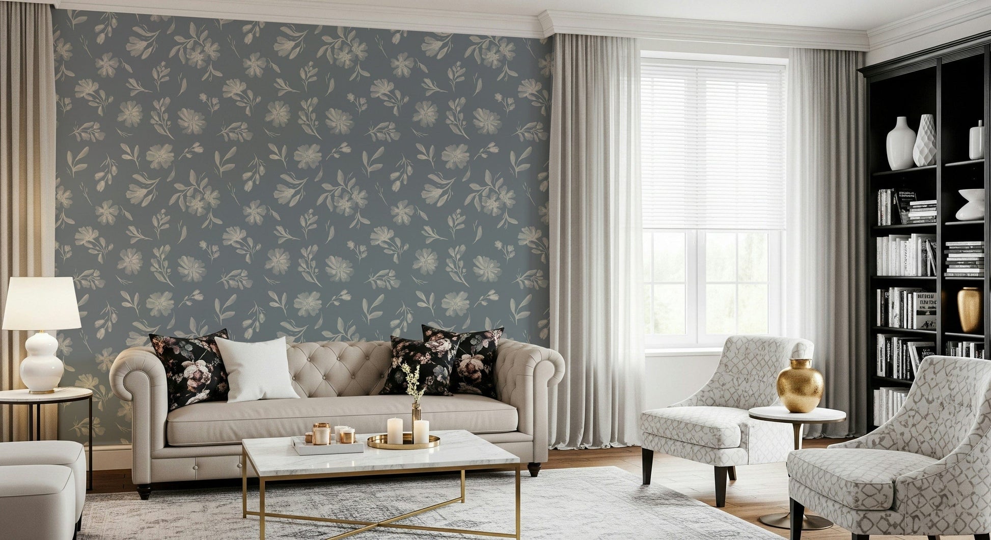 Dusty blue Serene Florals in Muted Grey room wallpaper.