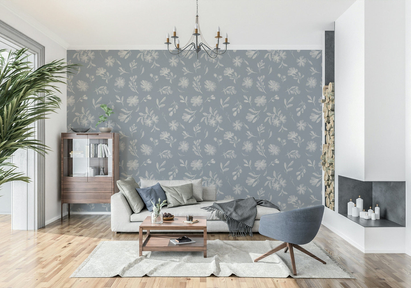 Calm pewter Serene Florals in Muted Grey peel wallpaper.
