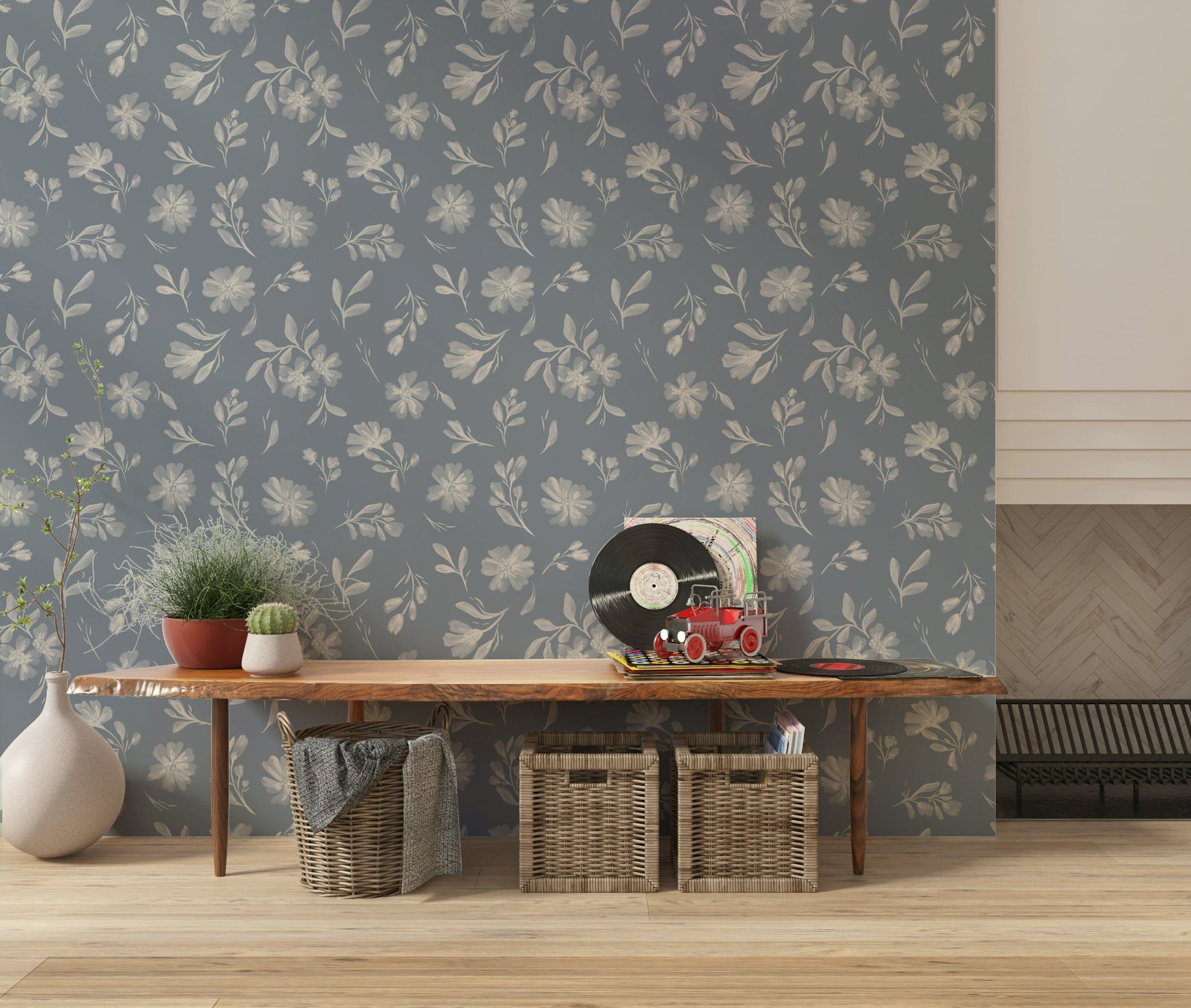 Minimalist Serene Florals in Muted Grey floral wall mural.