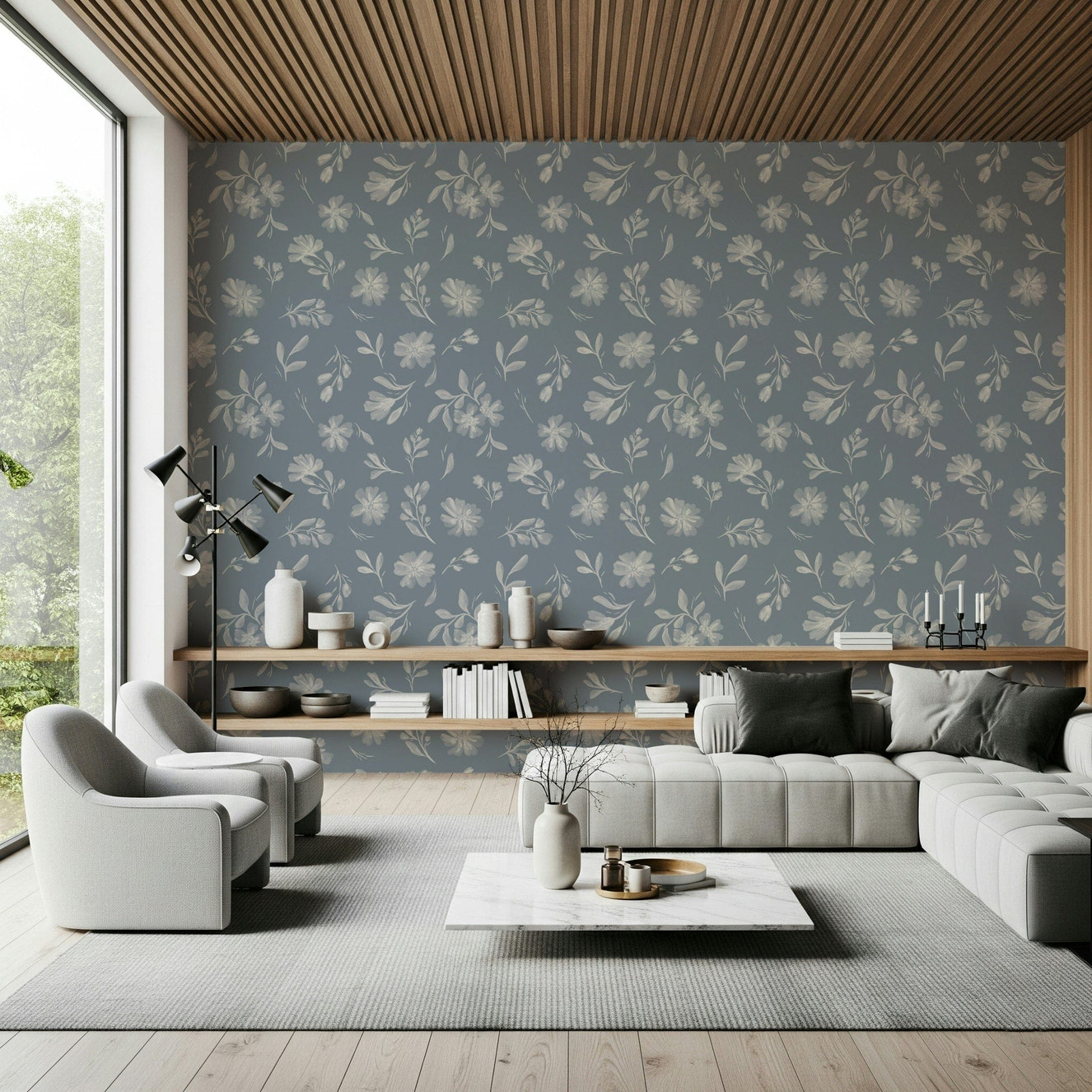 Soft misty flower Serene Florals in Muted Grey mural.