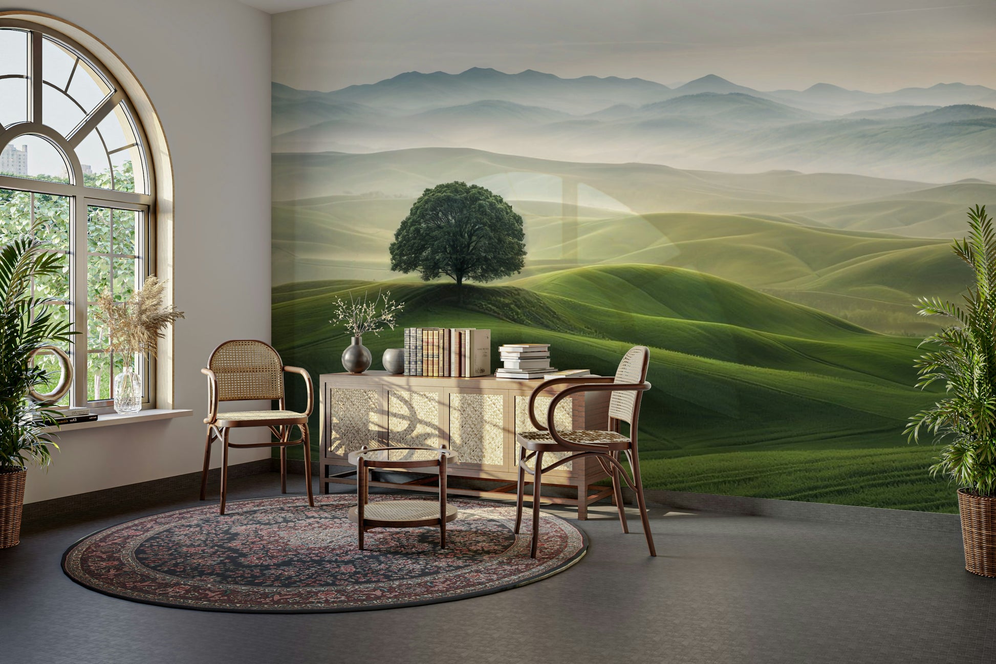 Soothing hillscape wallpaper for modern wall decor

