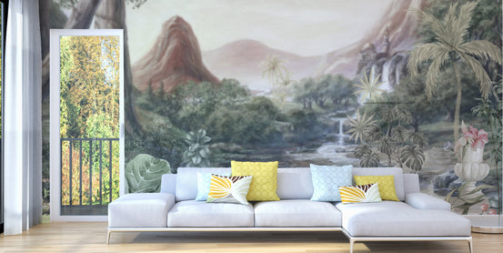 Natural Lining Serene Lake Crane Birds wallpaper mural shown as a full feature wall that highlights the design