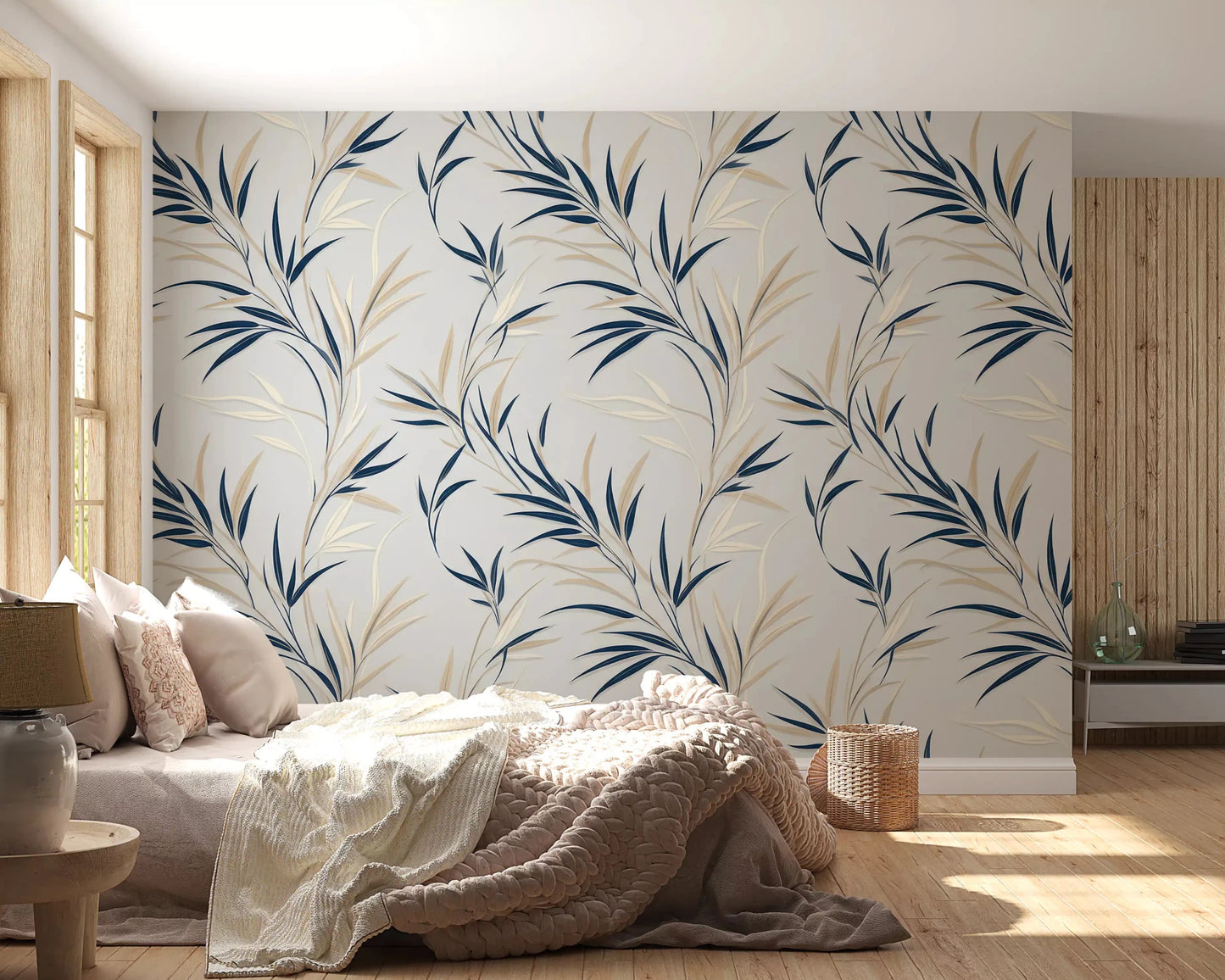 Soft navy and beige leaf patterns in this wall mural add warmth to a bedroom.