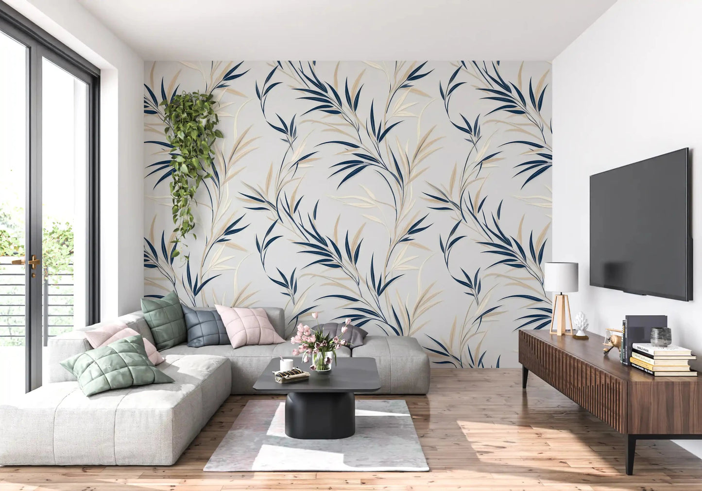 Enhance your Hallway space with this soft-toned Serene Leaf Sway Wall Mural.