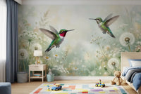 Vibrant hummingbird and wildflowers, bringing nature into a modern playroom with a wall mural.