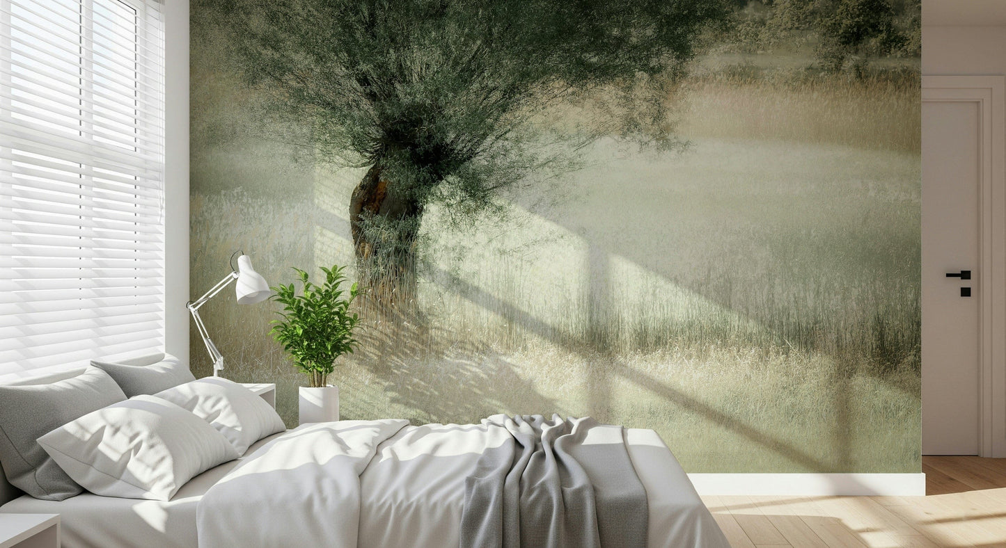 A peaceful open country mural on decorative wallpaper.