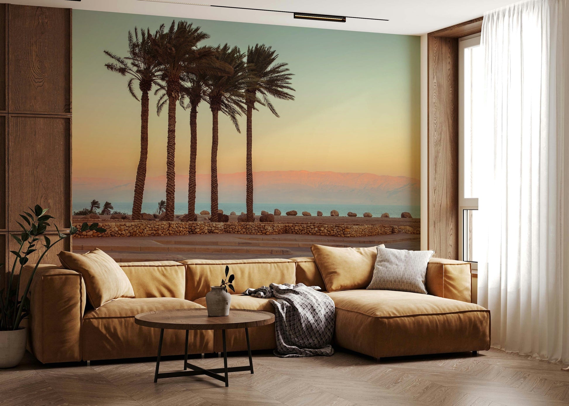 Tropical Palm Trees on Beach view, panoramic landscape wall paper.