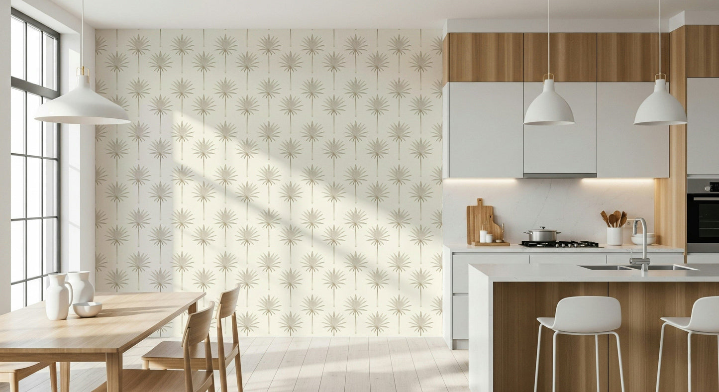 A contemporary tropical wallpaper with simple palm icons creating an airy, subtle pattern.