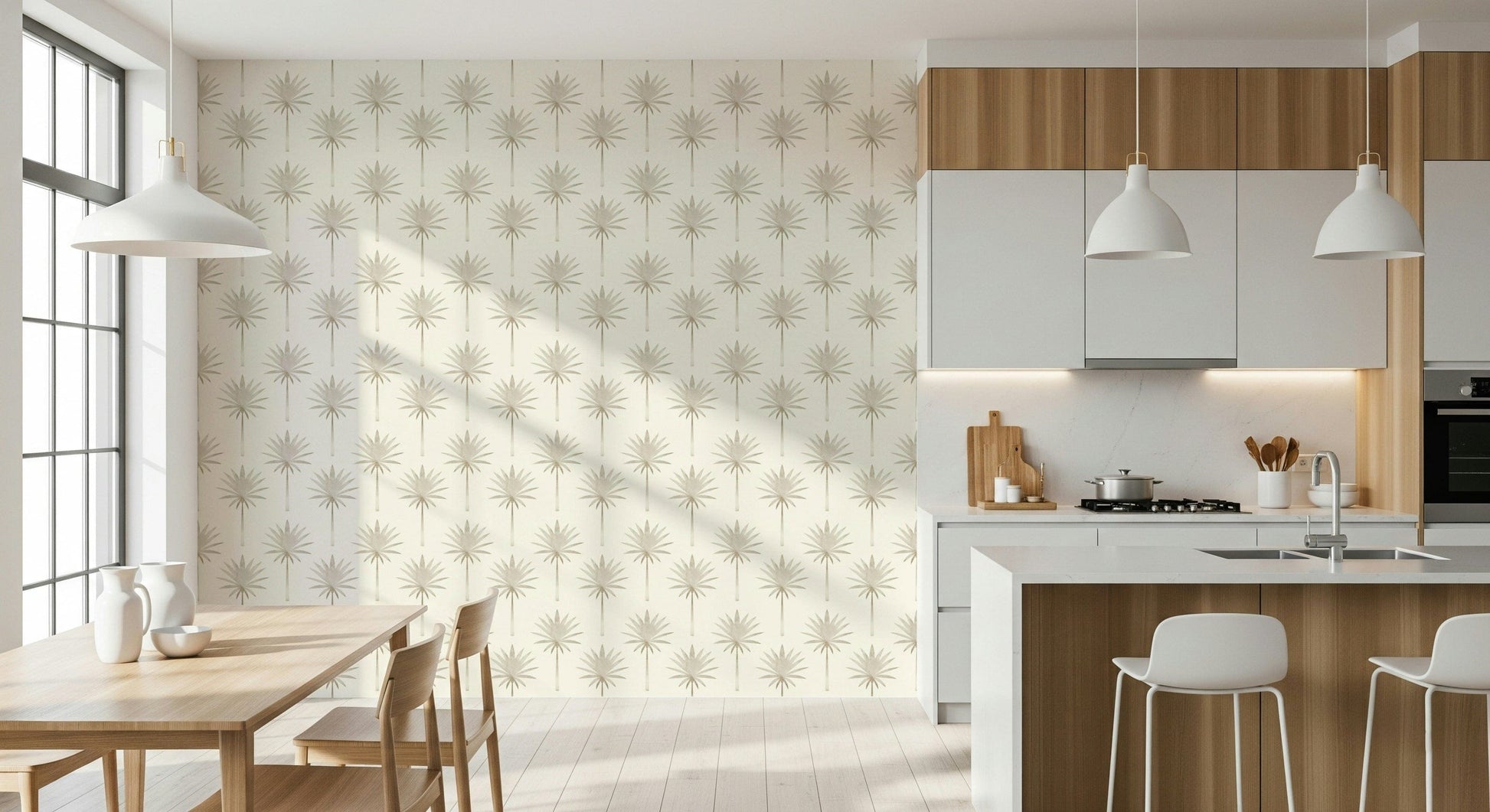 A contemporary tropical wallpaper with simple palm icons creating an airy, subtle pattern.
