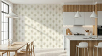 A contemporary tropical wallpaper with simple palm icons creating an airy, subtle pattern.