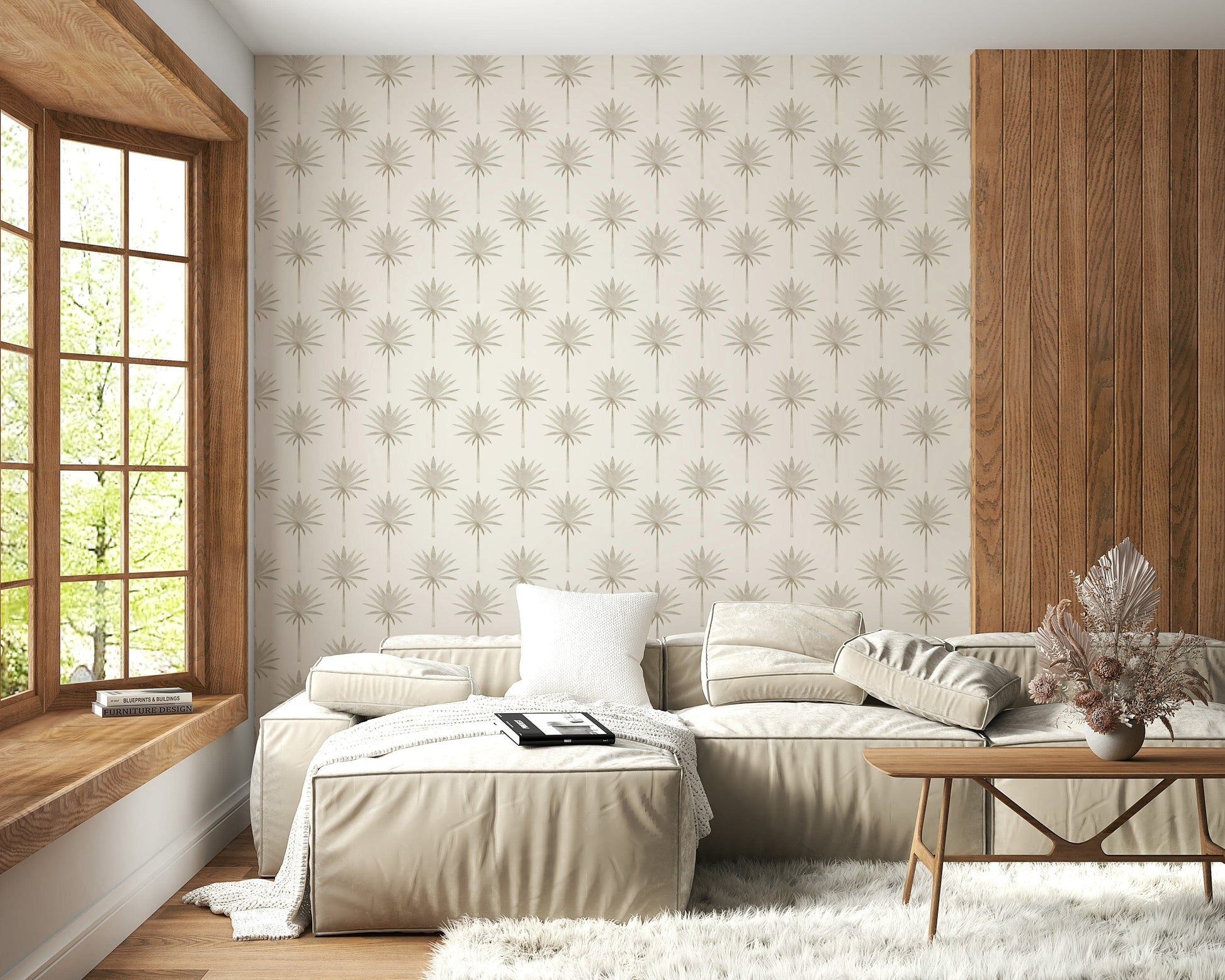 A minimalist tropics wallpaper showcasing simple palm designs in a warm neutral tone.