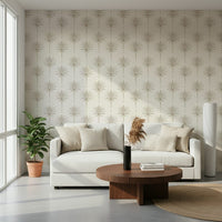 A tropical-inspired wallpaper with delicate palm silhouettes creating a calm, neutral look.