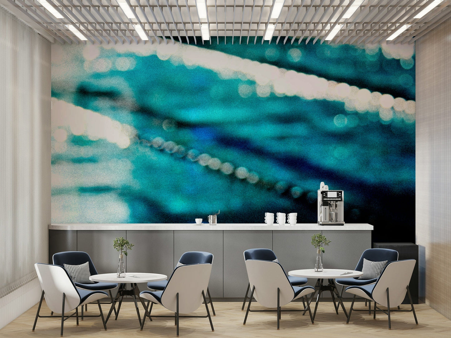 A calming blue water wallpaper mural that defines a space.

